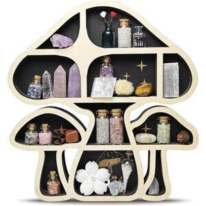 Wooden Mushroom Floating Shelf Crystal Display Wall Hanging Organizer for Decor